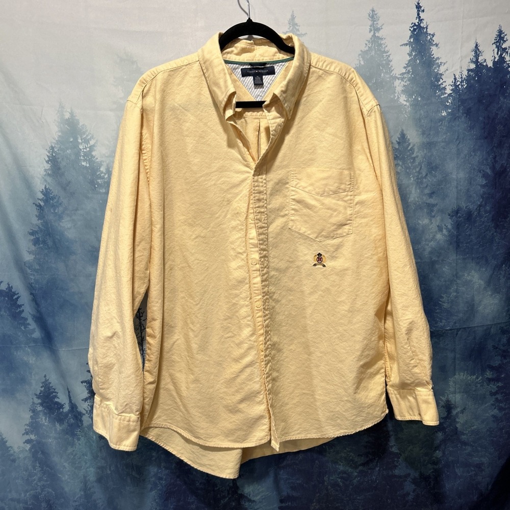 Vtg 90s Tommy Hilfiger Crest L/S Button Down Shirt Yellow Old Tag Flag Logo XL